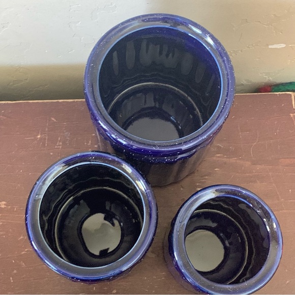 Vintage 3 Piece Speckled Blue Red Glass Kitchen Jars Canisters Lids Flour Sugar - Picture 3 of 5